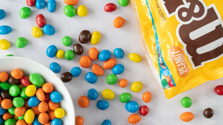 An open bag of peanut M&M's