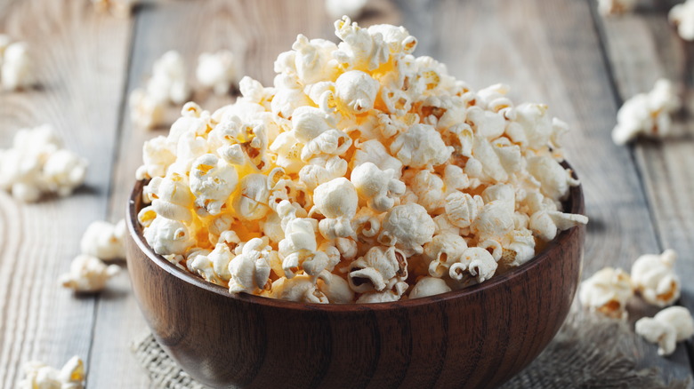 popcorn in wooden bowl