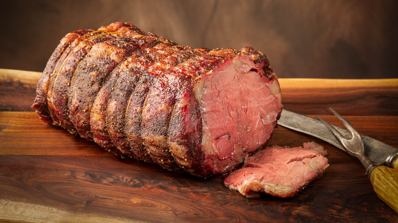 A prime rib sliced open