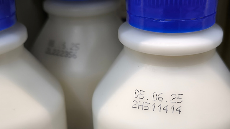 Milk bottles with expiration dates showing