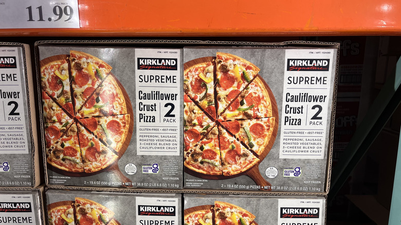 Close up of Kirkland Cauliflower Crust Pizza in freezer case