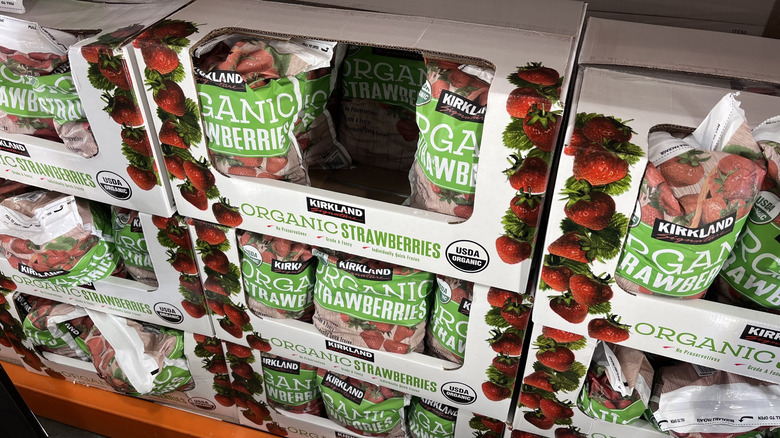 Close up for organic strawberries in the frozen food case at Costco
