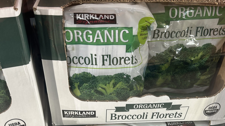 Close up for organic broccoli florets in the freezer at Costco