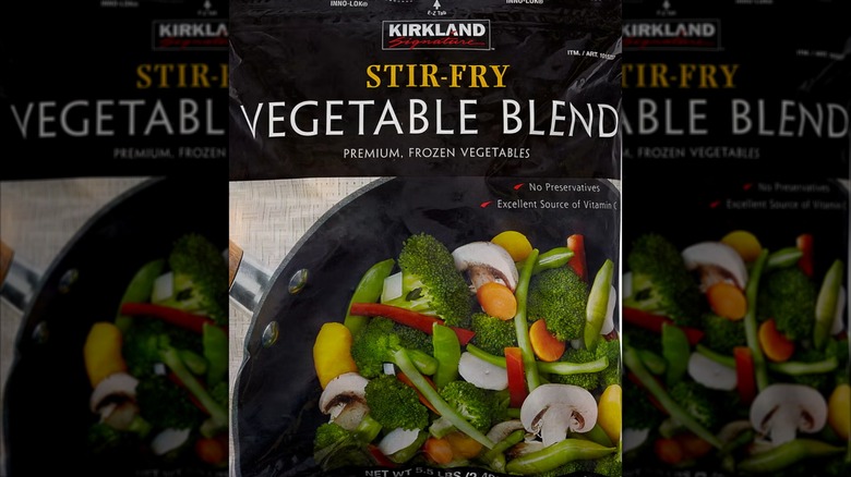 Close up of a bag of Kirkland Signature Stir-Fry Vegetable Blend