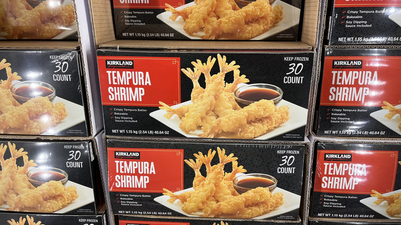 Close up of boxes of Tempura Shrimp at Costco