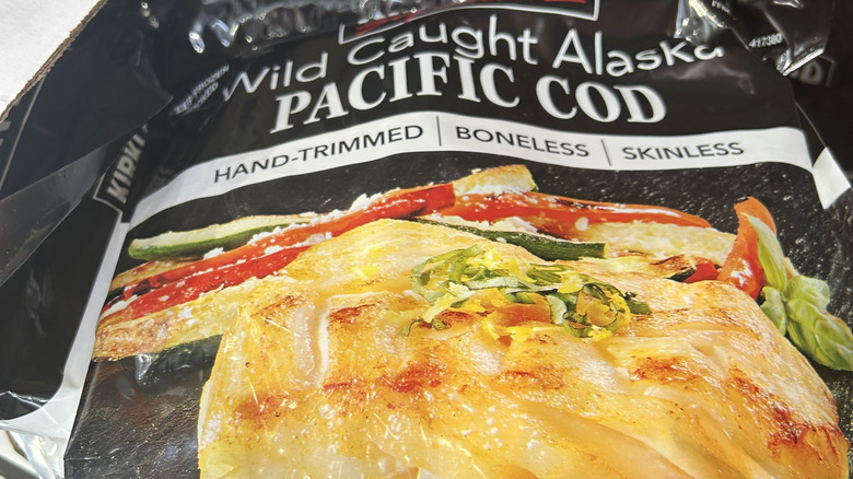 Close up of a bag Kirkland Signature Wild Caught Alaska Pacific Cod at Costco