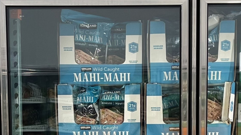 Kirkland Signature Wild Caught Mahi Mahi in the freezer case
