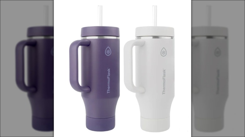 Two purple and white ThermoFlask tumblers