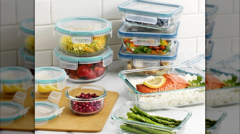 Various fruits, vegetables, meats, and grains in Snapware glass containers