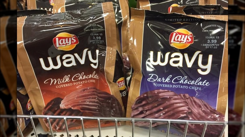 two bags of Lay's Wavy Chocolate-covered chips
