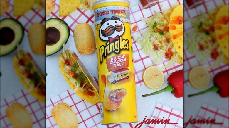 Pringles Kickin' Chicken Taco can surrounded by tacos