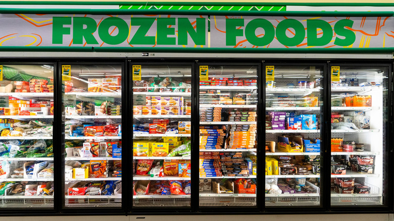 A frozen food section at the grocery store