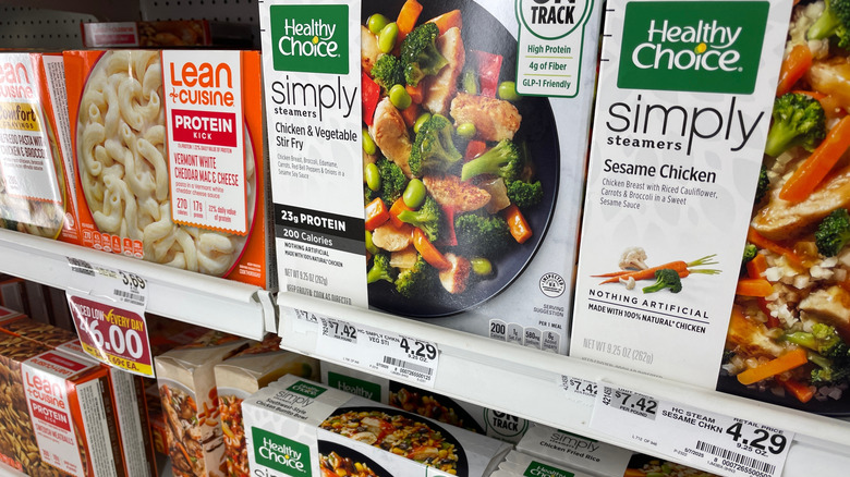A variety of frozen dinners in the freezer