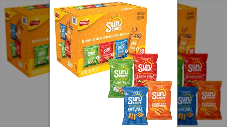 Variety pack of SunChips with multiple individually wrapped bags.