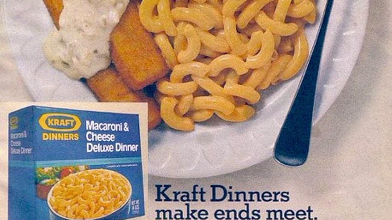 1980s magazine ad of Kraft Macaroni & Cheese Deluxe Dinner box, also on a white plate served with breaded fish fillets topped with tartar sauce. Ad copy reads, "Kraft Dinners make ends meet."