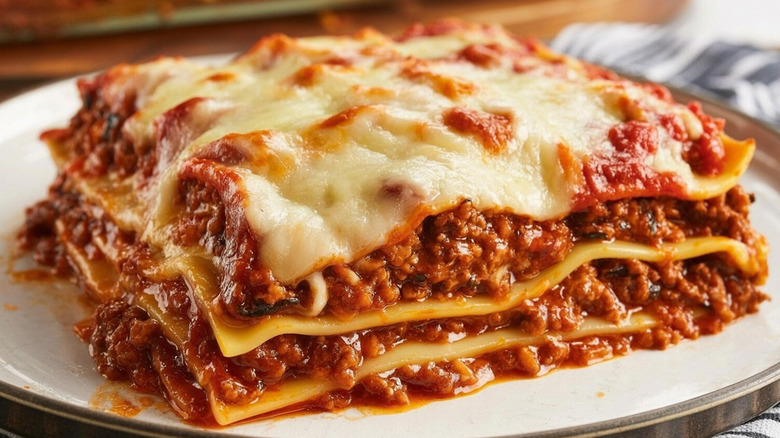 Large portion of cheesy, meaty, baked lasagna served on a white plate.