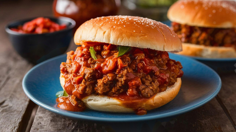 Sloppy joe sandwich on a blue plate with out-of-focus background of ingredients and another sandwich.