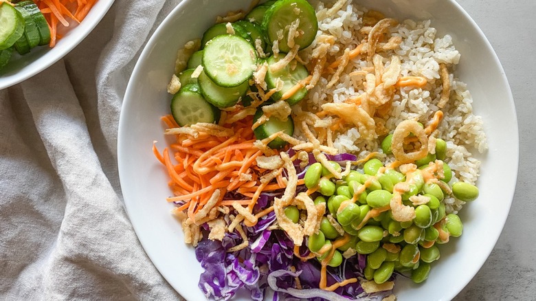 Veggie sushi bowl on napkin