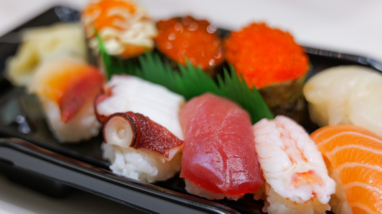 Platter of multiple types of sushi