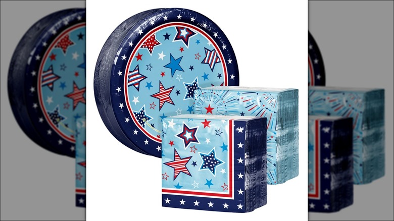 Paper plate and napkin collection with patriotic designs.
