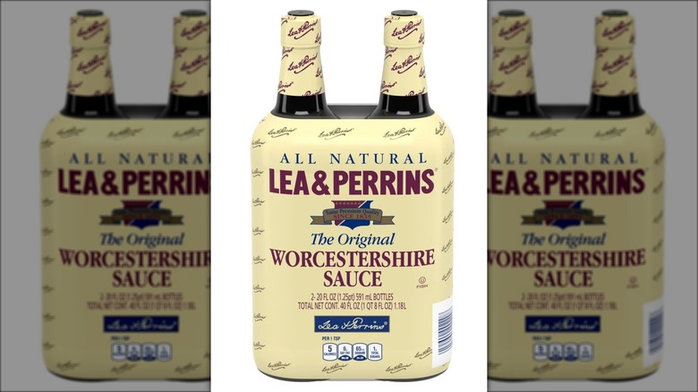 Two bottles of Worcestershire in plastic packaging.