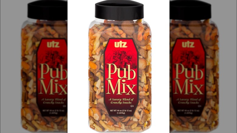 Container with a savory snack mix.