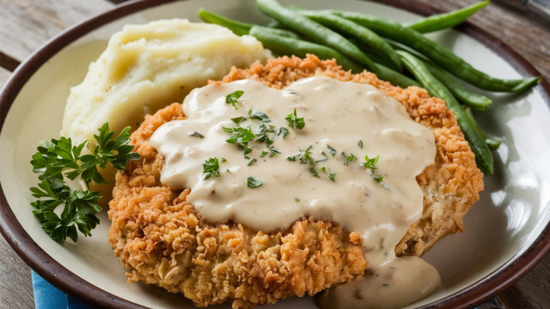Chicken fried steak over mashed potatoes