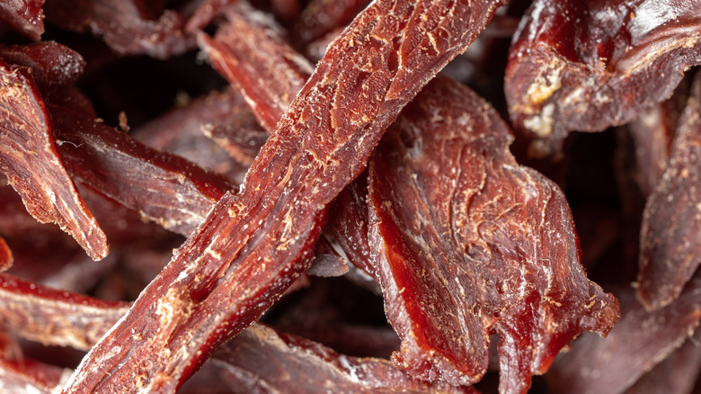 Close up of dried deer jerky cut in strips