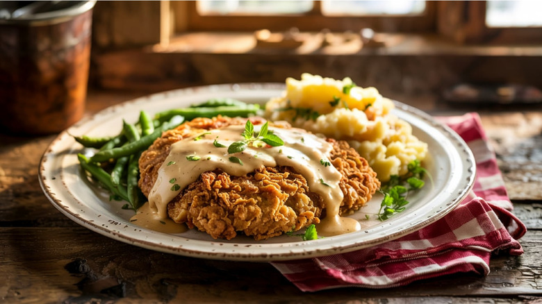 Southern style chicken fried steak on plate with mashed potatoes and green beans on rustic table