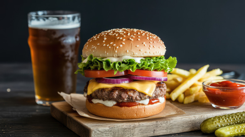 A cheeseburger with fries and beer