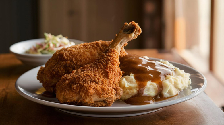 A plate of fried chicken and mashed potatoes with gravy and coleslaw