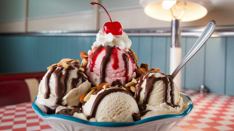 A hot fudge sundae with vanilla and strawberry ice cream and other classic toppings
