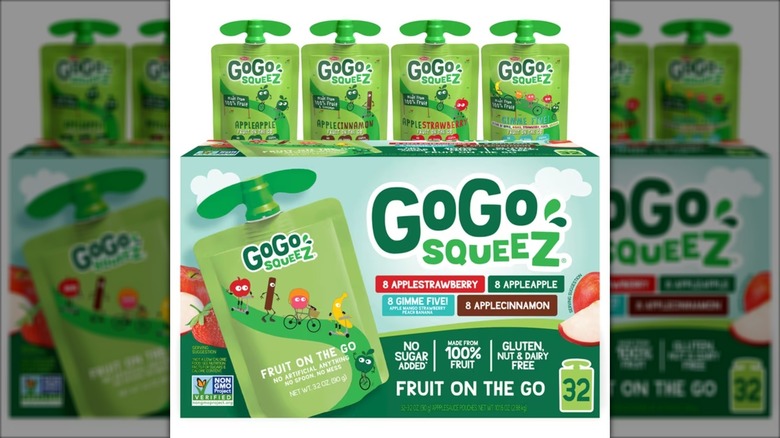 Pack of applesauce pouches against white background.