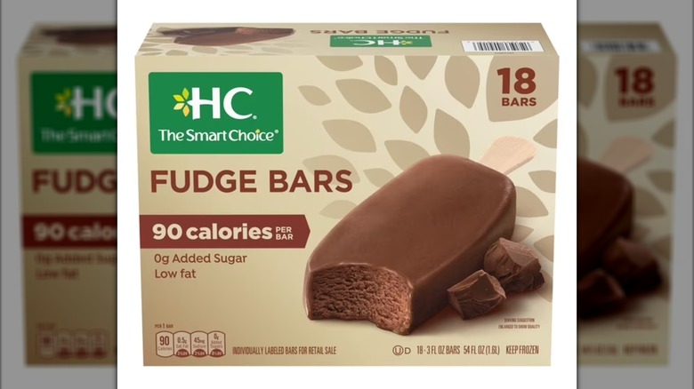 Box of low-fat frozen fudge bars against white background.