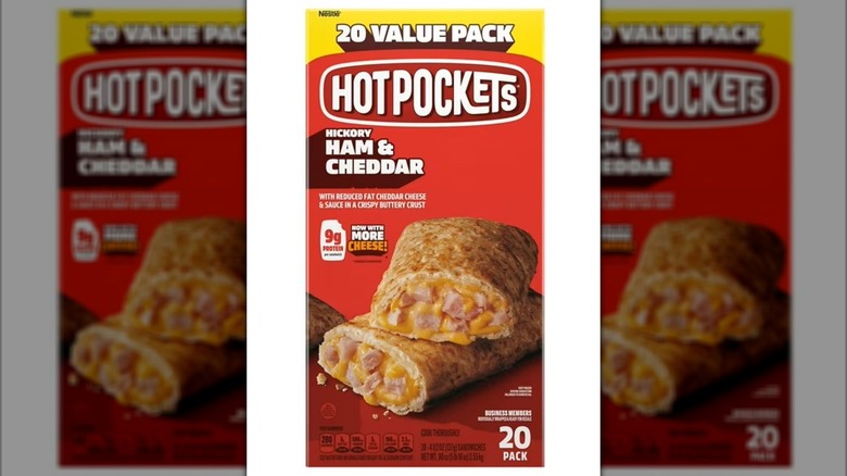 Value pack of Ham & Cheddar Hot Pockets against white background.