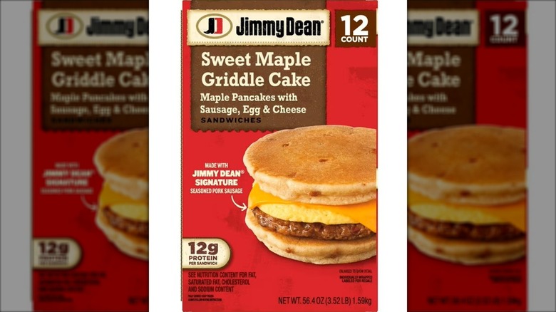 Box of Jimmy Dean pancake sandwiches against white background.