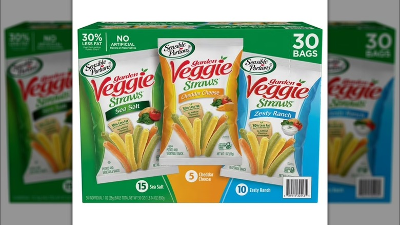 Variety pack of individually bagged veggie straw snacks against white background.