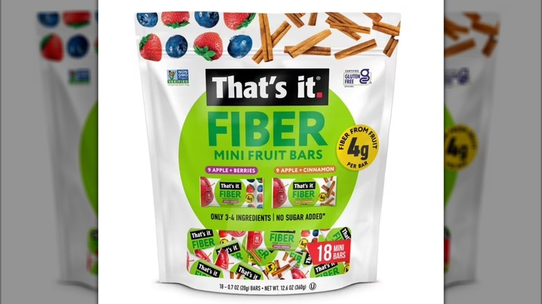 Bag of mini fiber fruit bars against white background.
