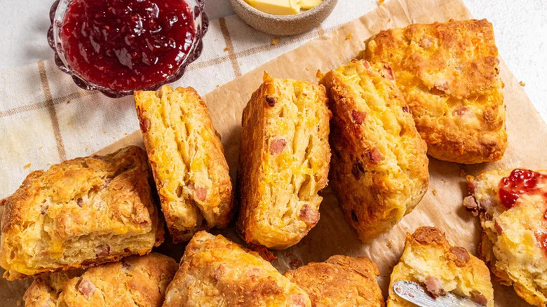 Buttery ham and cheese biscuits with relish
