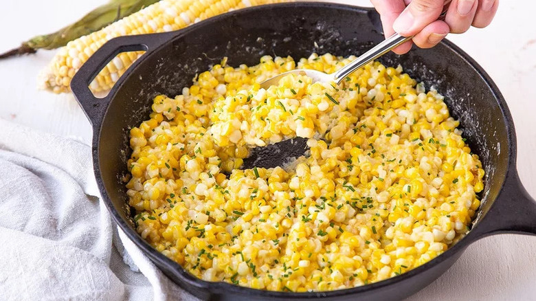 Skillet filled with fried corn