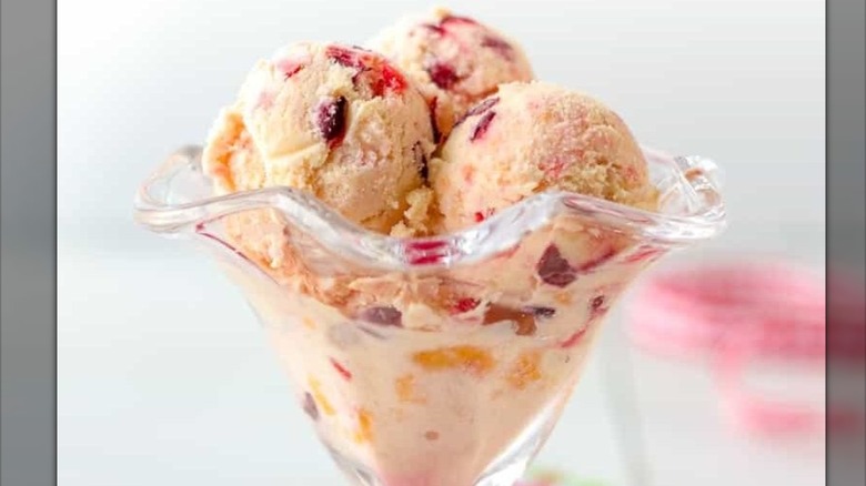 Tutti frutti ice cream scoops in a glass bowl
