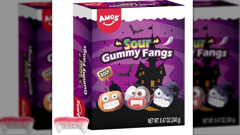 Box of Amos sour gummy candy fangs.