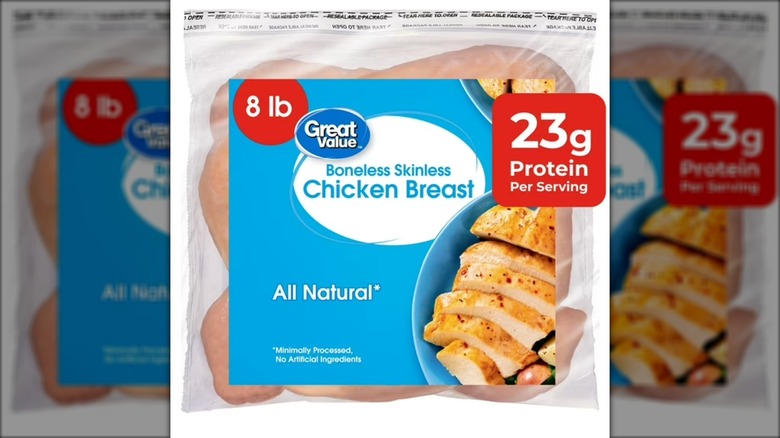 Bag of frozen Great Value chicken breasts.