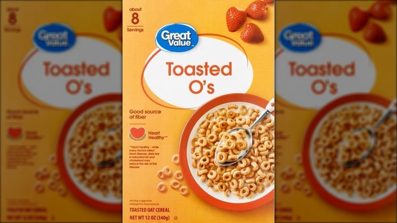 A box of Great Value toasted O's cereal.