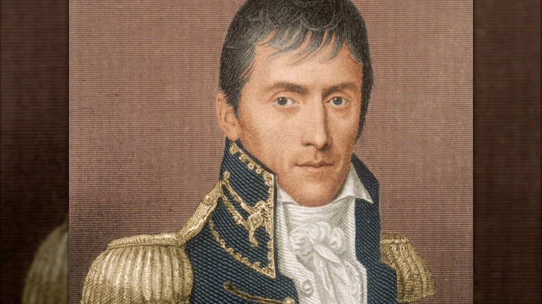 Portrait of Andrew Jackson in a dark military-style coat with gold trim and a white cravat