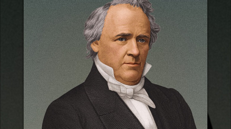 Illustrated portrait of James Buchanan with graying hair, wearing a dark coat and white bow tie against a green background