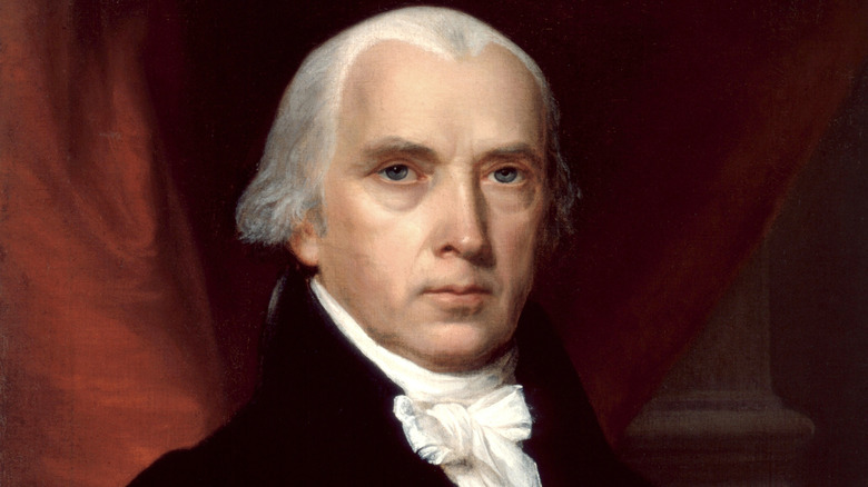 Painted portrait of James Madison with powdered white hair, wearing a dark coat against a red background