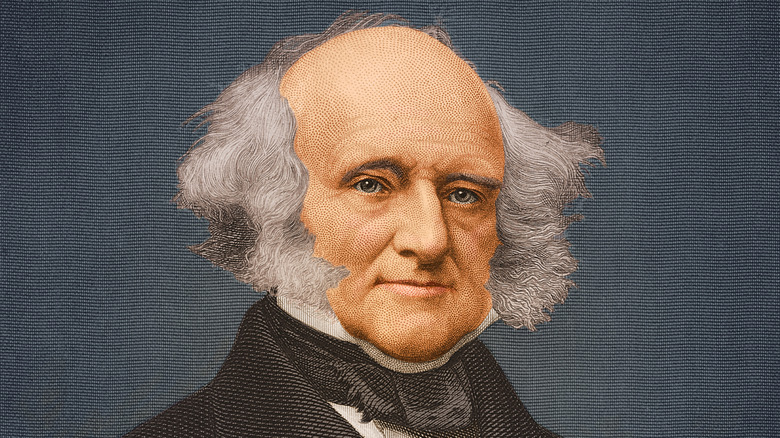 Illustrated portrait of Martin Van Buren with a bald head and gray hair at the sides, wearing a dark coat against a blue background