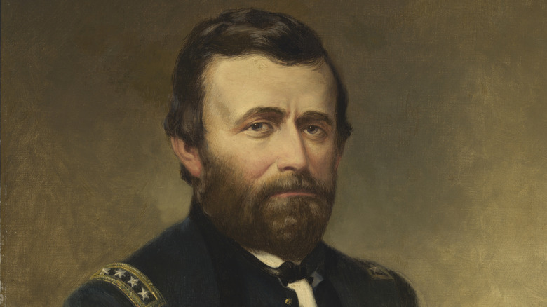 Painted portrait of Ulysses S. Grant in a dark military uniform against a brown background