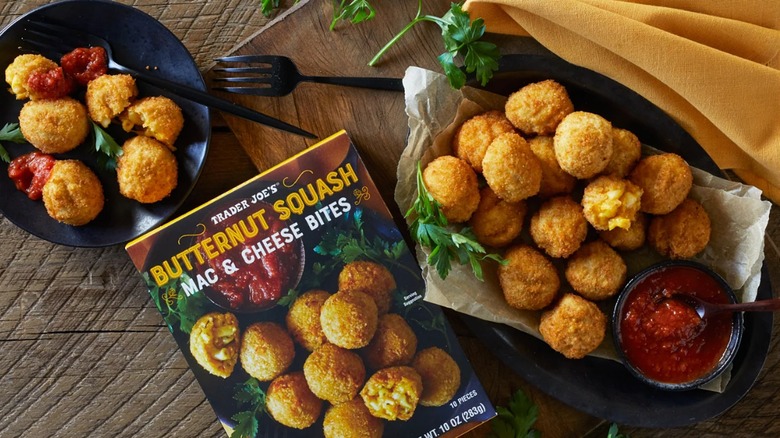 Trader Joe's Butternut Squash Mac & Cheese Bites on table with package.
